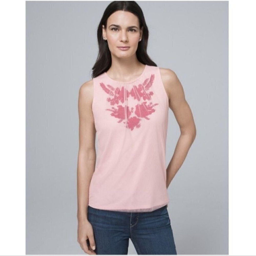 WHBM Floral Applique Pink Mesh Sleeveless Top Red Flowers Sz Small Layering
